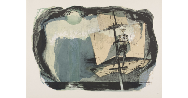 An abstract color print of a figure standing on the mast of a sailing ship, with muted blue, white, and black shapes and sketch marks in the background.