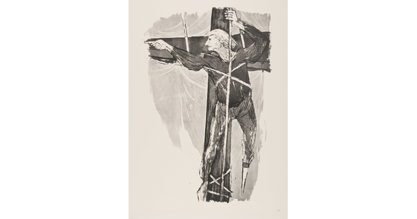 A black-and-white print of a White man tied to the mast of a ship, holding ropes with one hand and pointing to the left with the other.