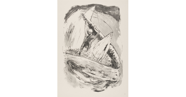 A black-and-white sketchy print of a man and his boat in mouth of a sea creature; the man is prying open its jaw.