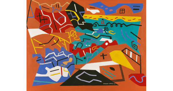 An abstract oil painting of multicolored shapes and lines colliding together on an orange background.