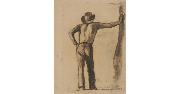 A black-and-white drawing of a man wearing a cowboy hat, his back to the viewer, right arm extended out to lean against a wall.