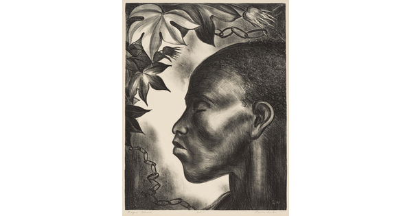 A black-and-white portrait of a Black person's face in profile, hair short and eyes mostly closed, surrounded by a chain and flowers.