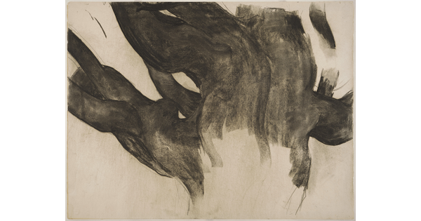 An unfinished charcoal drawing of a tree trunk and branches.