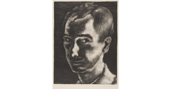 A black-and-white print of a White man with thinning hair parted on the side, eyes looking to the right.