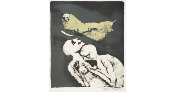 A print in muted colors of a skeleton wrapped in a robe and holding a scythe floating above two naked human figures huddled together.