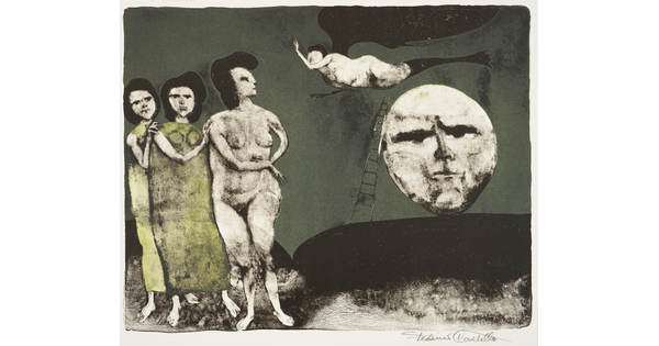 An abstract color print of three women, one nude, looking at a nude winged figure flying over a moon that has a serious expression on its face.