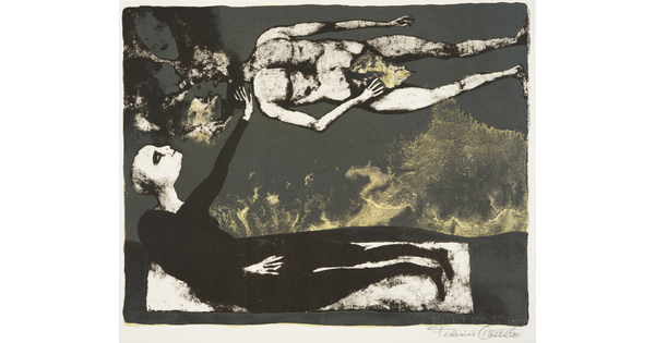 An abstract color print of a clothed figure lying down, reaching up toward a nude horizontal figure floating above it.