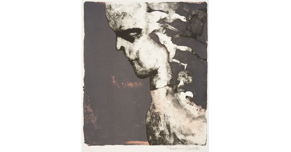 An abstract black-and-white print of a human in profile with animals and nude human figures appearing from the back of their head.