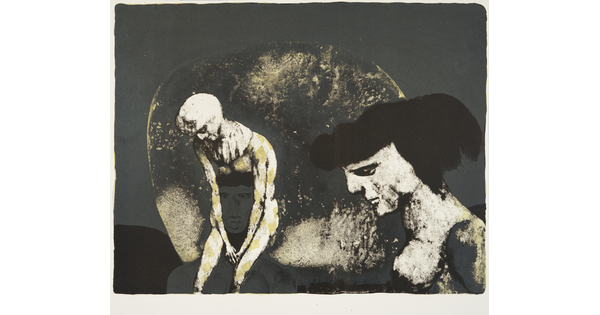 An abstract black-and-white print of a nude person who appears to be seated on the shoulders of another person next to the profile of a woman looking down.