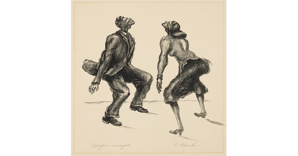 A black-and-white print of a Black man and woman dancing with legs and arms spread and heads turned up.
