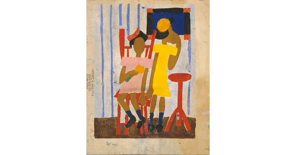 A watercolor of two dark-skinned girls: one seated in a red chair and wearing a pink dress; the other wearing a yellow dress and looking out a window.