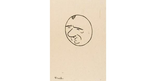 A black-and-white print of a simple line drawing: a circle containing squinting eyes, a bulbous nose, and a pursed mouth.