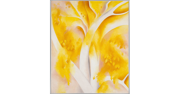 An abstract oil painting of the branches of a white birch tree with yellow leaves.