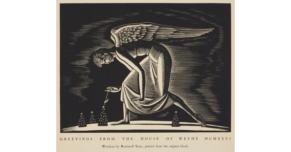 A black-and-white print of a stylized angel bending down to light the star atop a Christmas tree.