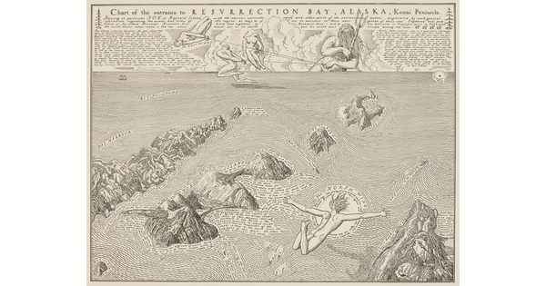 A black-and-white print of Resurrection Bay, Alaska, including Fox Island, with text that follows the waves under a block of text and illustrations of Triton and the winds.