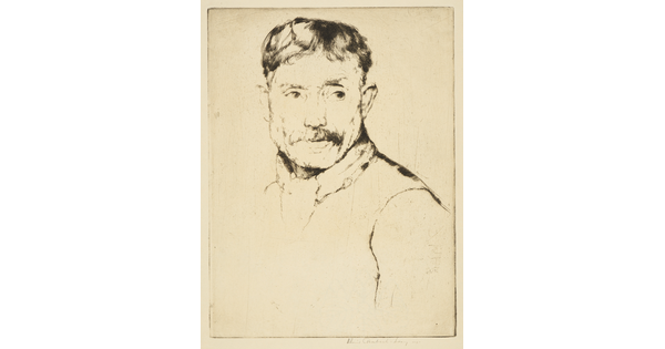 A black-and-white print portrait of a mustached White man from the shoulders up, looking off to the side.