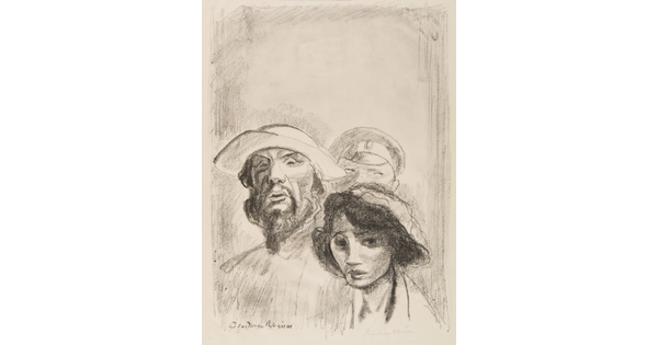 A black-and-white print portrait in a sketch-like style of three people, heads clustered together in a tight group.
