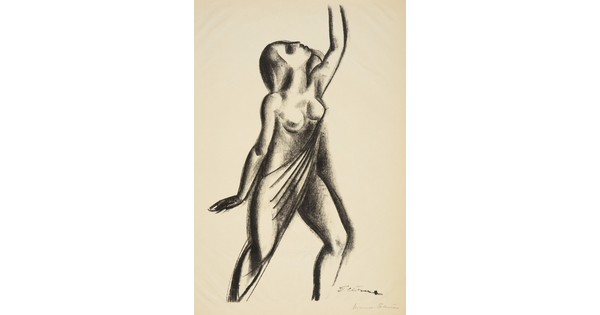 A black-and-white print of a partially nude female figure in motion: holding her head back, reaching one arm up, and bending one leg.