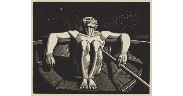A black-and-white print of a nude man sitting in a rowboat leaning back to look at the night sky.