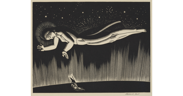 A black-and-white print of an angel flying in a starry night sky over a sailboat in the ocean.