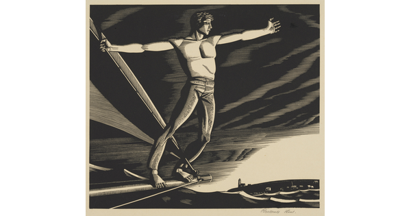 A black-and-white print of a shirtless White man standing on the boom of a sailboat holding on to a sail with one hand, the other outstretched. 