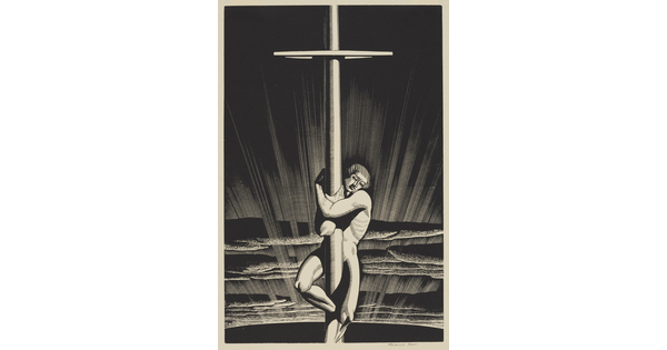 A black-and-white print of a nude White man, arms and legs wrapped around the mast of a ship, as sunlight shines through the clouds.