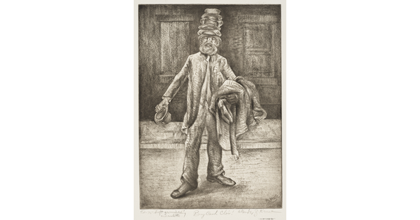 A black-and-white print drawing of a White man with many hats on his head, holding clothing over his left arm, standing on a sidewalk.