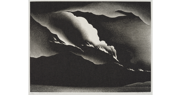 An abstract black-and-white print of a dark landscape with flames and smoke along the ridges of hills under a smoky sky.