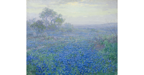 An oil painting of a field of bluebonnets on a cloudy day.