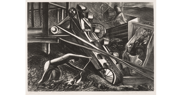 A black-and-white print of men shoveling coal into a conveyor belt machine.