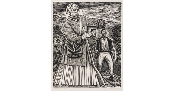 A black-and-white print of a Black woman holding a musket as a walking stick pointing the way for three Black figures behind her.