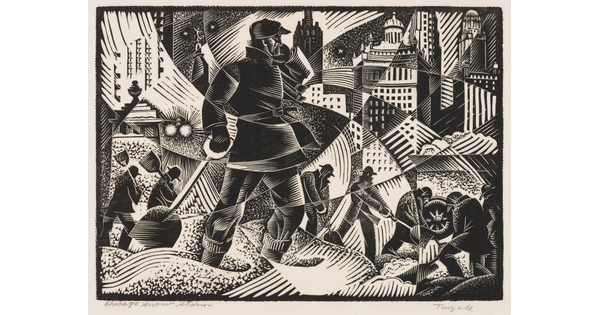 An abstract black-and-white geometric print of a cityscape with men shoveling in a snowstorm.