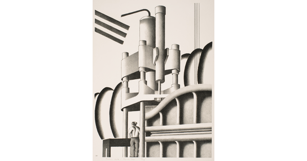 A black-and-white print of a man standing at a table that is under a large piece of machinery.
