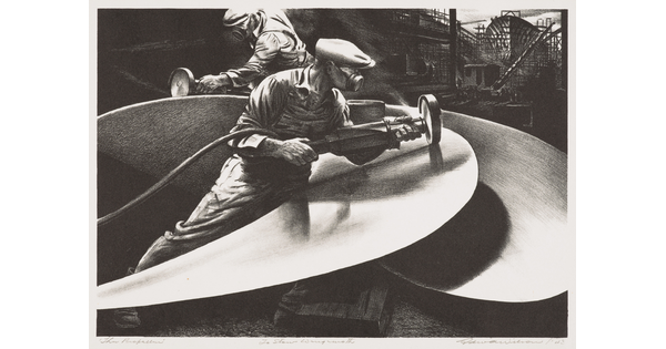 A black-and-white print of two men in a factory machine-polishing airplane propellers. 