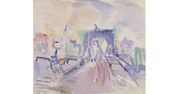 An abstract watercolor of the Brooklyn Bridge with the New York City skyline behind it.