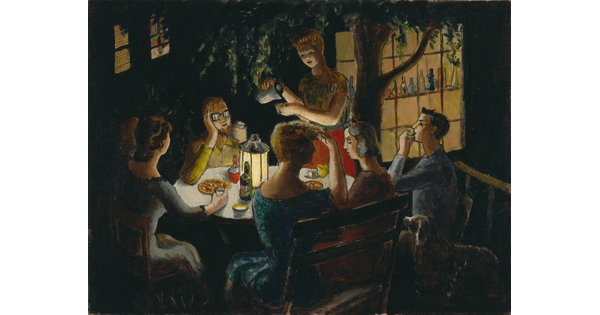 An oil painting of a group of White people eating and drinking at a table outside at night.