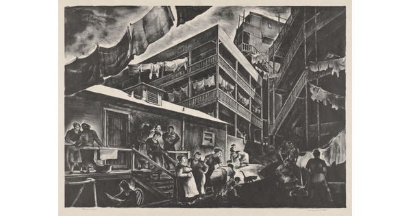 A black-and-white cityscape print of people talking and working in front of tenement housing with laundry hanging on lines between buildings.