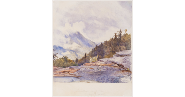 A watercolor landscape of a river, woods, and mountains on a cloudy day.
