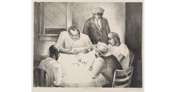 A black-and-white print of five Black men, four sitting and one standing, at a round table playing cards.