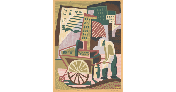 A stylized print of a weary man pushing a food cart advertising "Red hot franks" and "Lemonade" in front of a geometric cityscape.