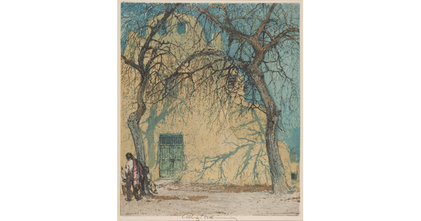 A color print of people walking beneath two leafless trees in front of an adobe church.