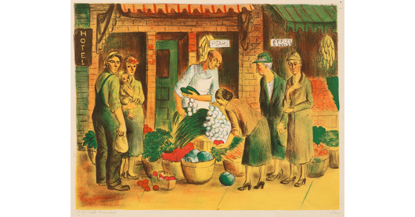 A color print of people looking at baskets of fruits and vegetables on a sidewalk under the awning of a building.