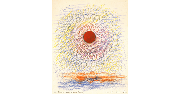 A drawing of a red circle surrounded by yellow, red, and blue swirls, hovering over an orange and blue horizon. 