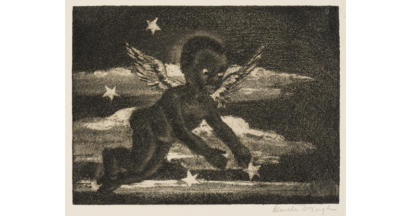 A black-and-white print of a winged Black child floating in a cloudy sky, reaching for a star. 