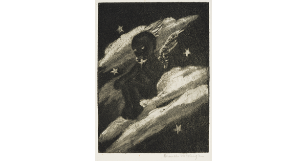 A black-and-white print of a winged Black child sitting on a cloud holding a star.