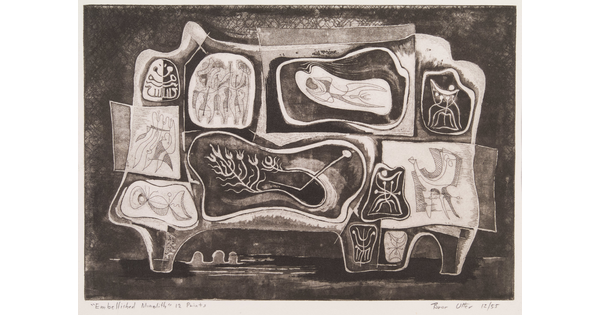 An abstract black-and-white print of an organic shape, divided into sections, each filled with other abstracted, organic forms.