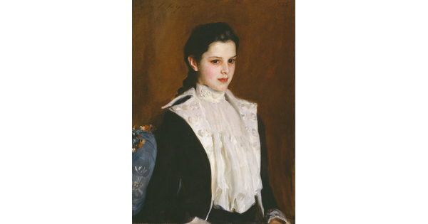 An oil painting portrait of a fair-skinned young girl wearing a fancy military-style jacket and a crisp white blouse.