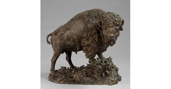 A bronze sculpture of a wooly bison standing on a rock.