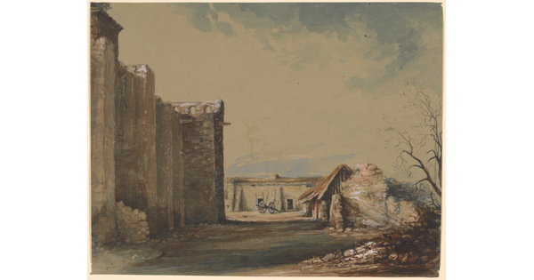 A watercolor landscape of stone ramparts looming over a small, rough dwelling and farm building.