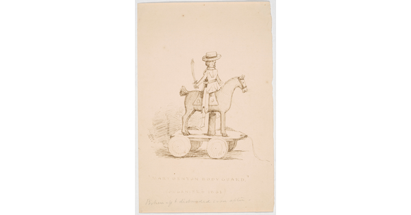 An ink drawing of a toy soldier with a hat and sword, seated on a toy horse that is mounted on a wooden cart with wheels.